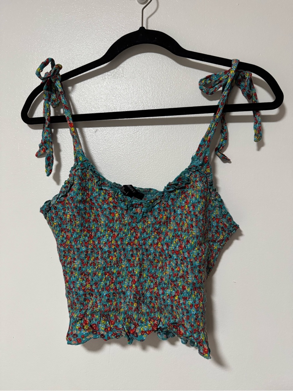 Forever 21 Turquoise Floral Tie-Shoulder Smocked Crop Top